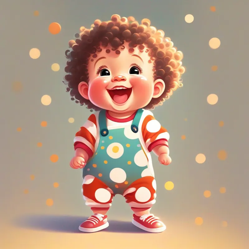 Baby Curly-haired baby with rosy cheeks, wearing a polka-dot onesie standing up with wobbly legs, a proud smile