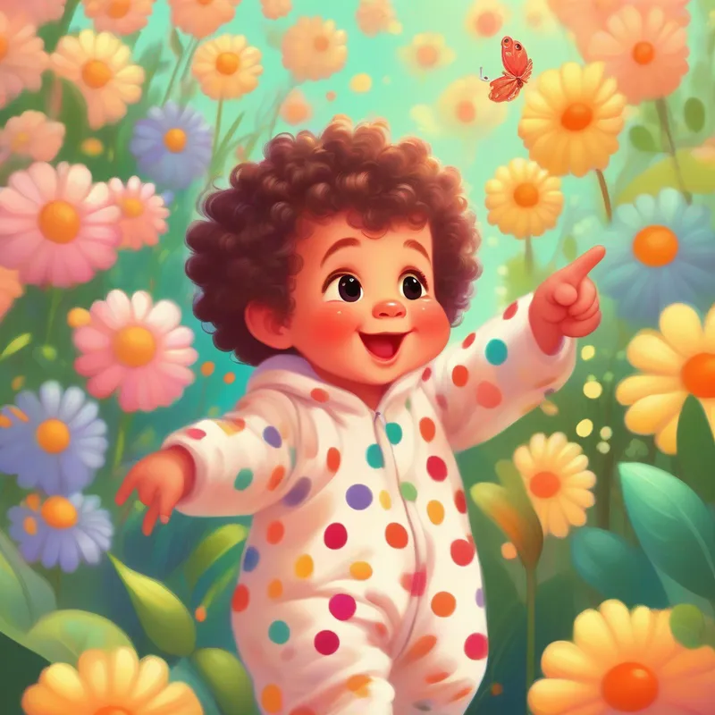 Baby Curly-haired baby with rosy cheeks, wearing a polka-dot onesie toddling outdoors, pointing at colorful flowers and butterflies