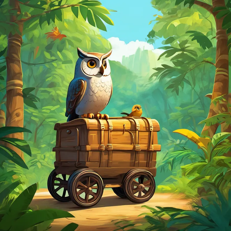 Overwhelmed with curiosity, Benny decided that he must visit the jungle himself. He wanted to meet all the animals and explore its mysteries. After packing a small backpack with essentials, Benny hopped on his little wooden cart and made his way towards the jungle. As Benny reached the dense and teeming jungle, he was amazed by the greenery, tall trees, and the sounds of chirping birds. He took a deep breath and ventured further into the lush wilderness. As he hopped along, he came across a wise old owl perched on a branch. Sensing that Benny was lost, the owl offered to help him explore the jungle and discover its secrets.