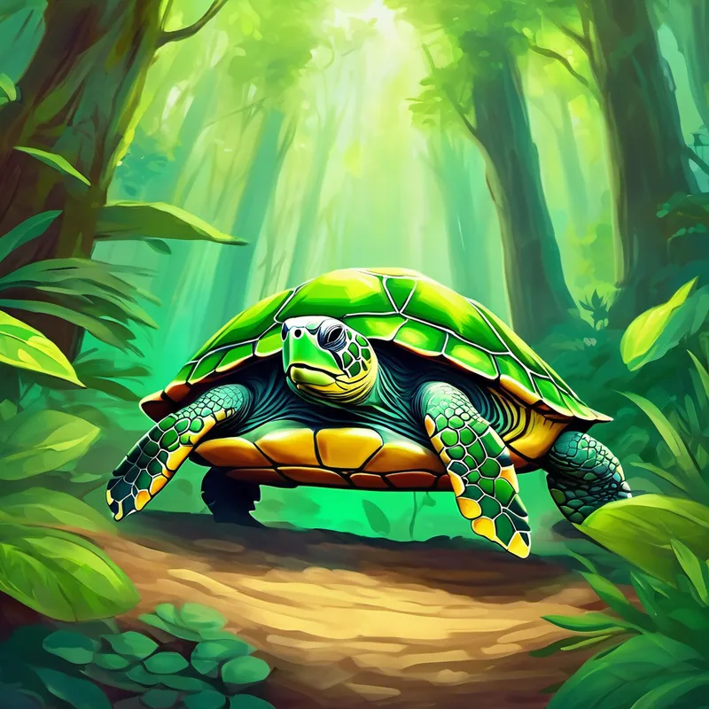 Small green turtle with a friendly smile, a small turtle in a vast forest