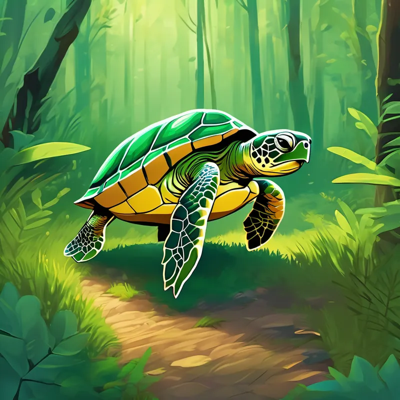 Small green turtle with a friendly smile, lost and walking through the forest