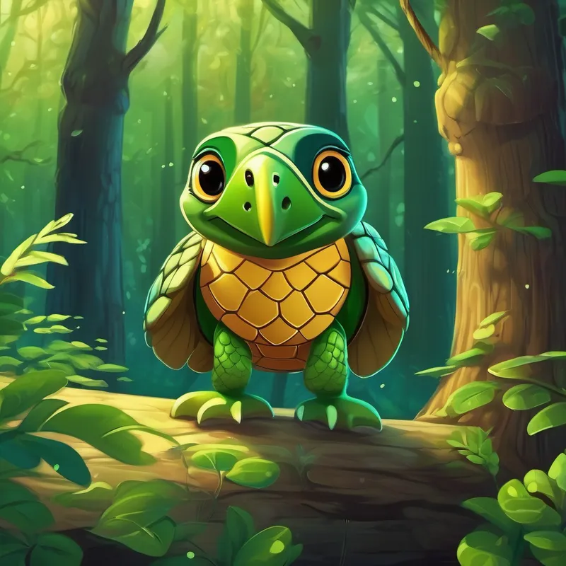 Small green turtle with a friendly smile meeting a wise owl in the forest