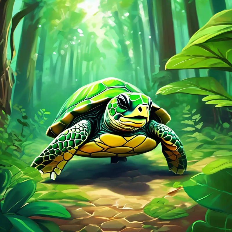 Small green turtle with a friendly smile finding his way through the forest