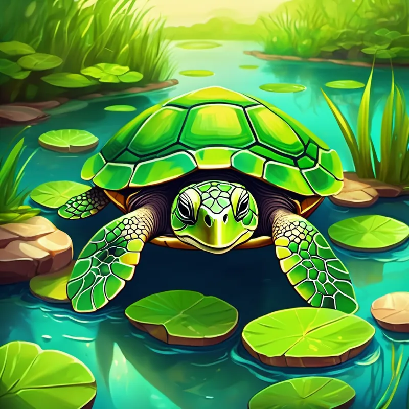 Small green turtle with a friendly smile discovering a pond with other turtles