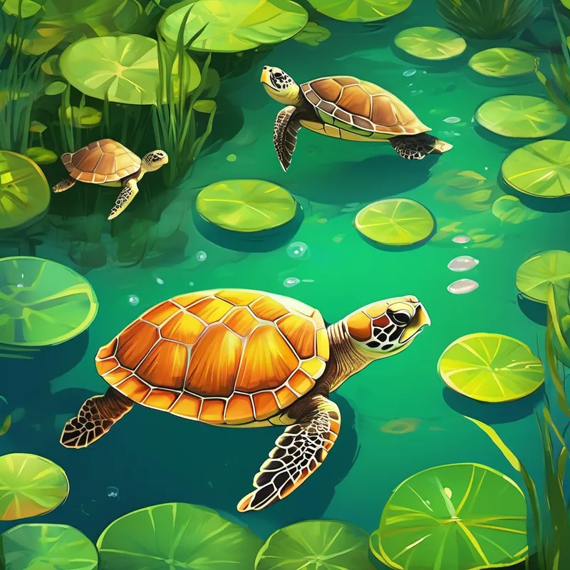 Small green turtle with a friendly smile playing with other turtles in the pond