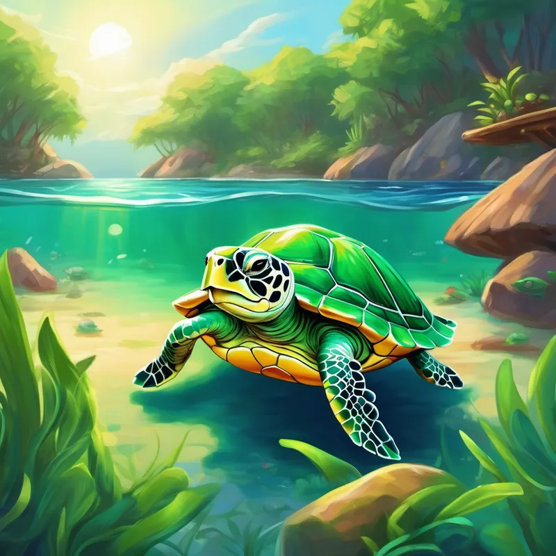Small green turtle with a friendly smile, brave and happy in his new home