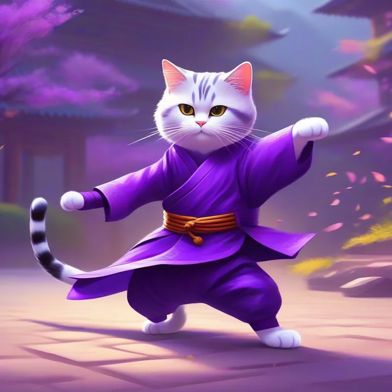 a cat with purple clothing and kungfu skills the cat practicing kungfu with purple clothing