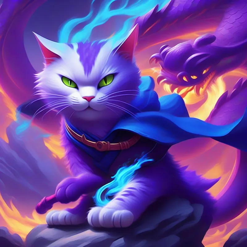 a cat with purple clothing and kungfu skills the cat fighting a dragon with blue fire