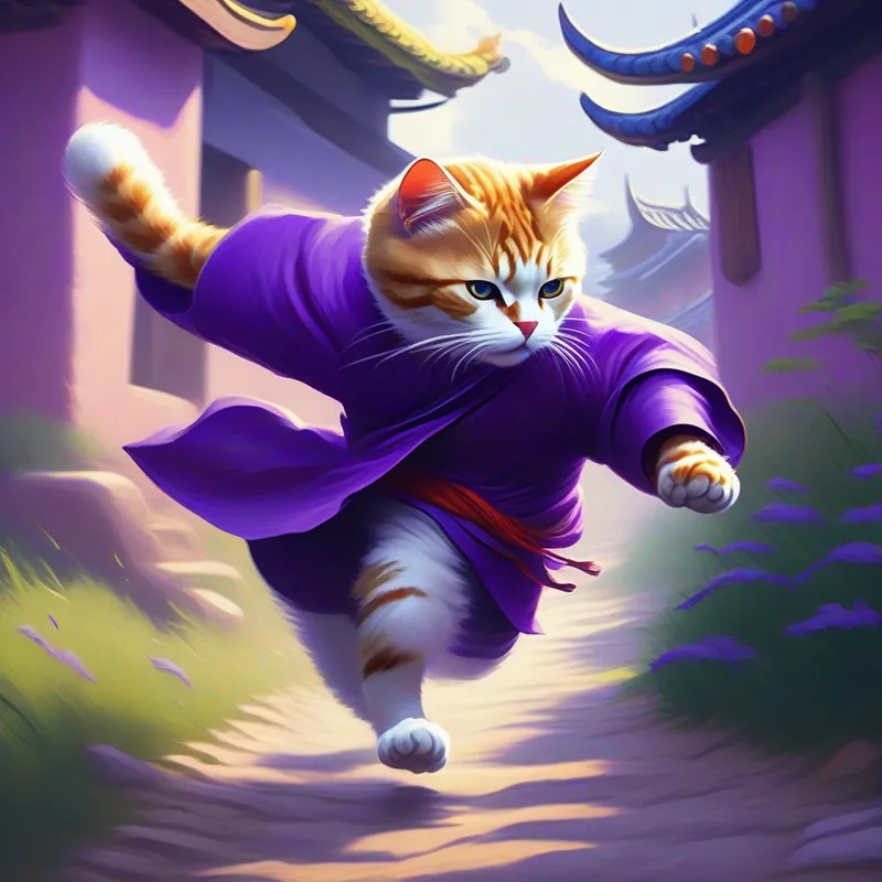 a cat with purple clothing and kungfu skills the cat running towards a village under attack