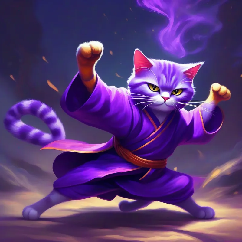 a cat with purple clothing and kungfu skills the cat fighting a sorcerer with purple dark magic