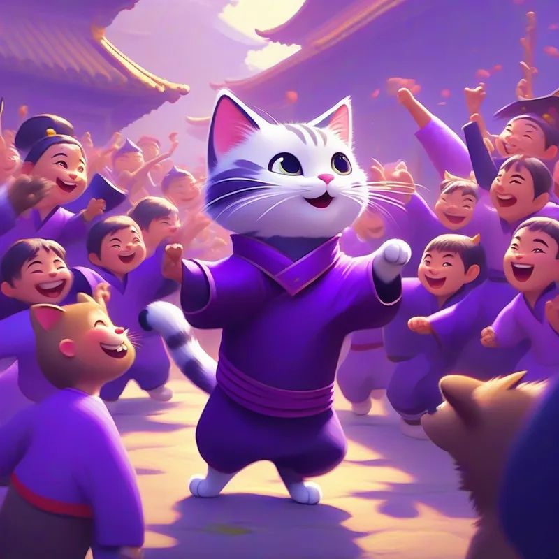 a cat with purple clothing and kungfu skills the cat being cheered on by happy villagers