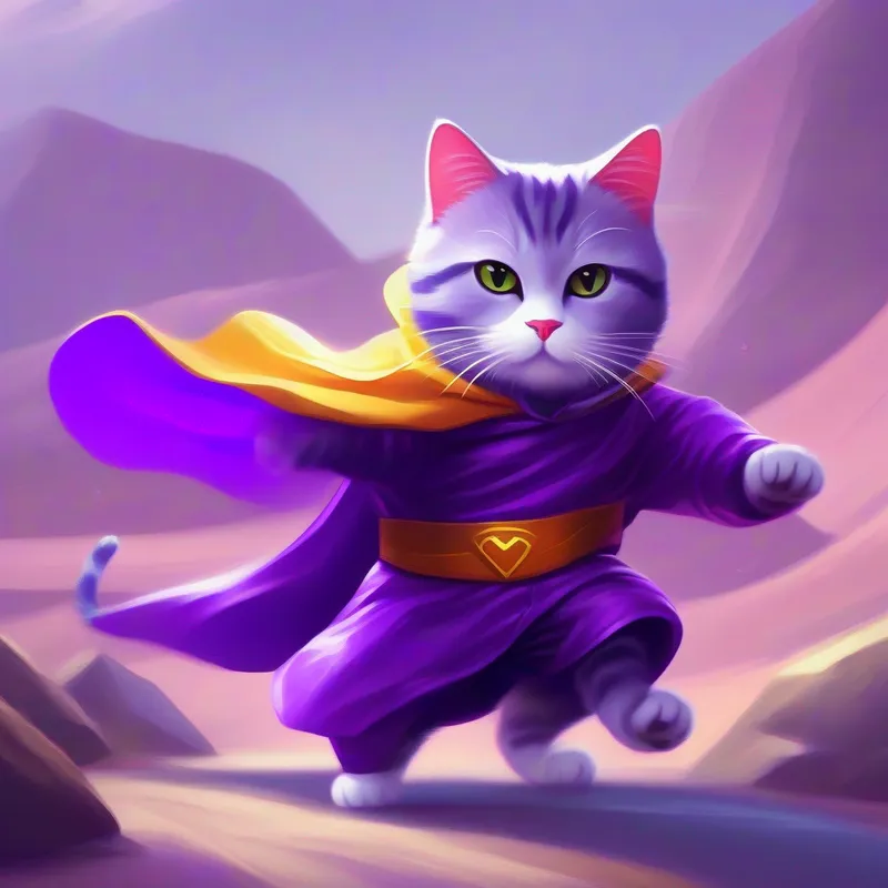 a cat with purple clothing and kungfu skills the cat with a superhero cape and mask