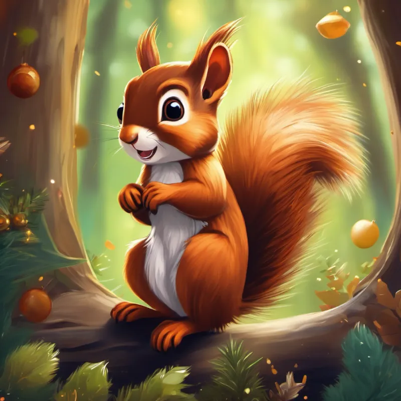 Curious squirrel, brown fur, bright inquisitive eyes the squirrel introduced, magical whispering forest.