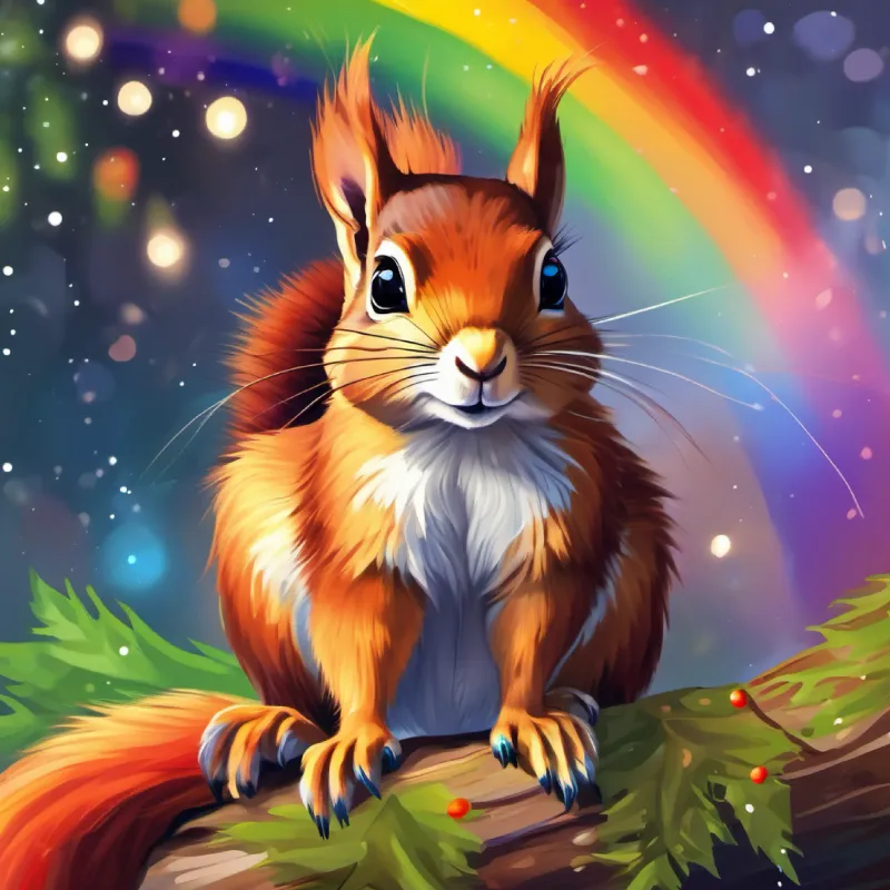 Curious squirrel, brown fur, bright inquisitive eyes notices the missing rainbow colors.