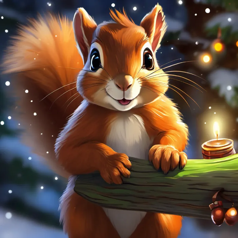 Curious squirrel, brown fur, bright inquisitive eyes reflects on true magic of friendship and cooperation.