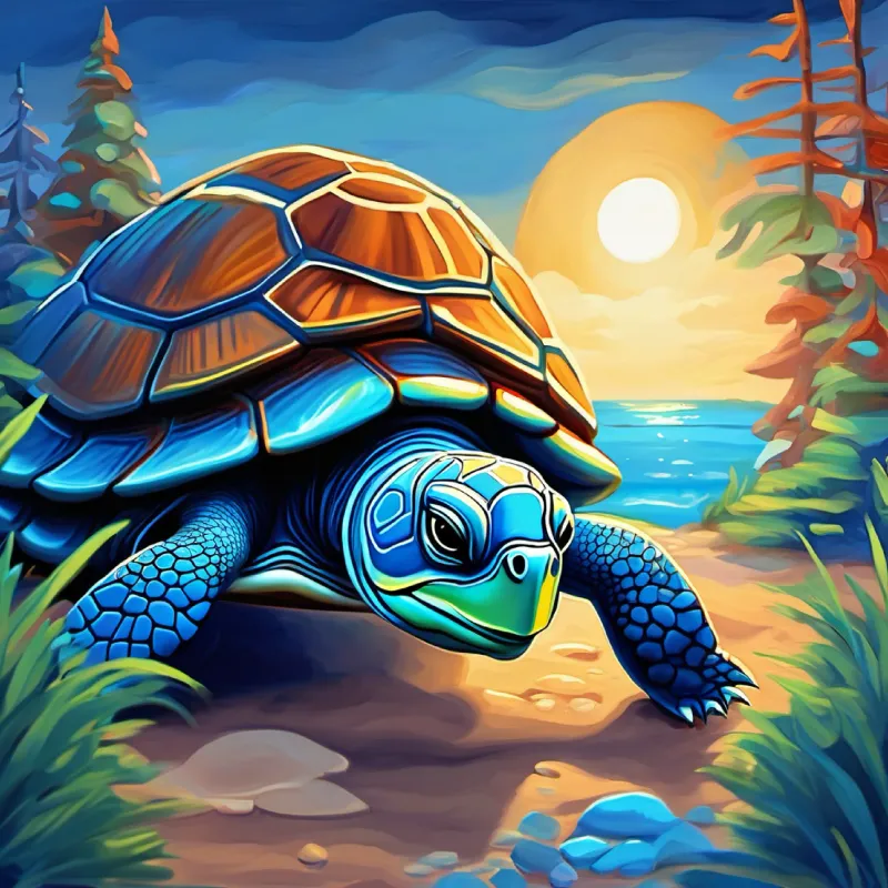 Encounter with Old turtle, wise, shell has faint blue the turtle, guarding blue.