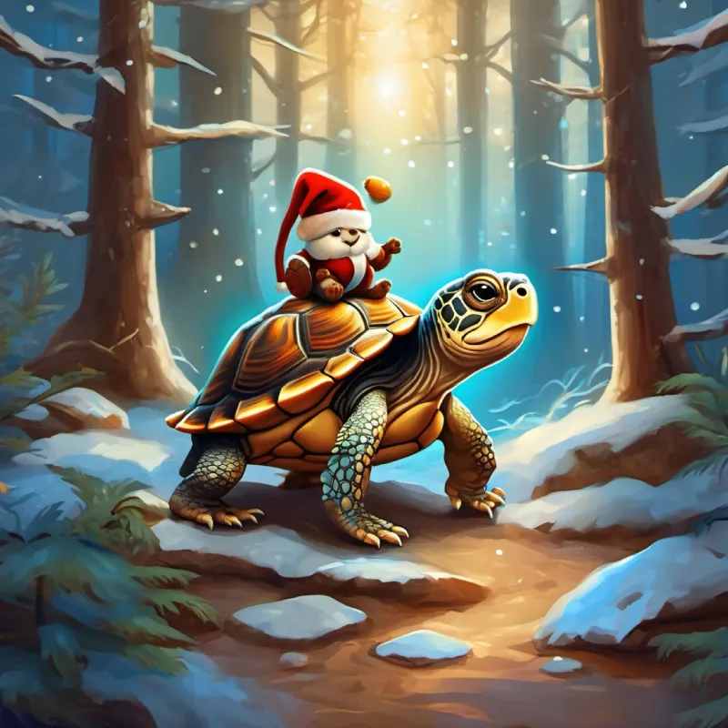 Old turtle, wise, shell has faint blue presents Curious squirrel, brown fur, bright inquisitive eyes with a forest riddle.