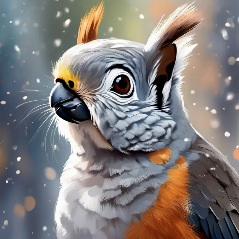 Curious squirrel, brown fur, bright inquisitive eyes meets Grey parrot, lively, eyes full of life the grey parrot.