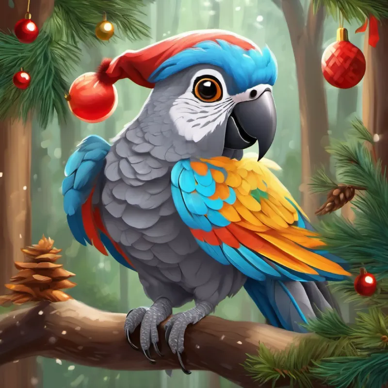 Grey parrot, lively, eyes full of life teaches Curious squirrel, brown fur, bright inquisitive eyes the forest dance for clues.