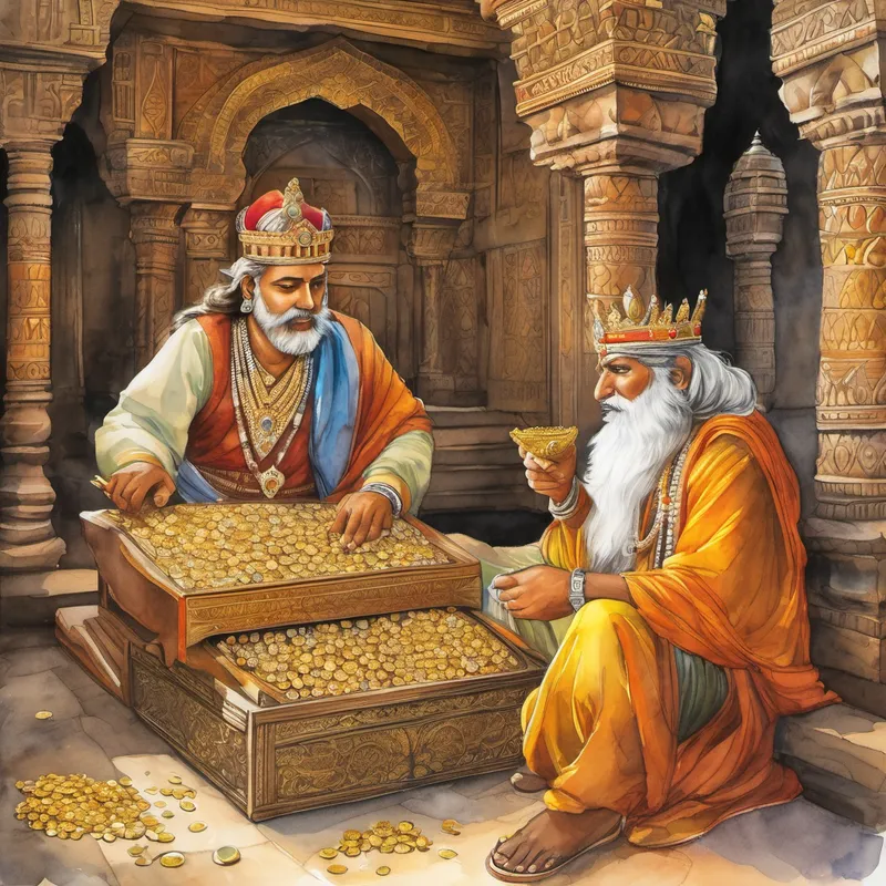Feeling accomplished, the wise king and his loyal mathematician pushed open the dusty door and discovered a magnificent pile of gold, jewels, and treasures beyond their imagination. The king, overwhelmed with gratitude, rewarded Betaal's remarkable problem-solving skills and appointed him as his royal mathematician and advisor. From that day forward, Betaal and King Vikramaditya would face numerous intellectual challenges together, solving intricate problems and riddles that not only enriched their minds but also brought prosperity and justice to the kingdom of Ujjain.