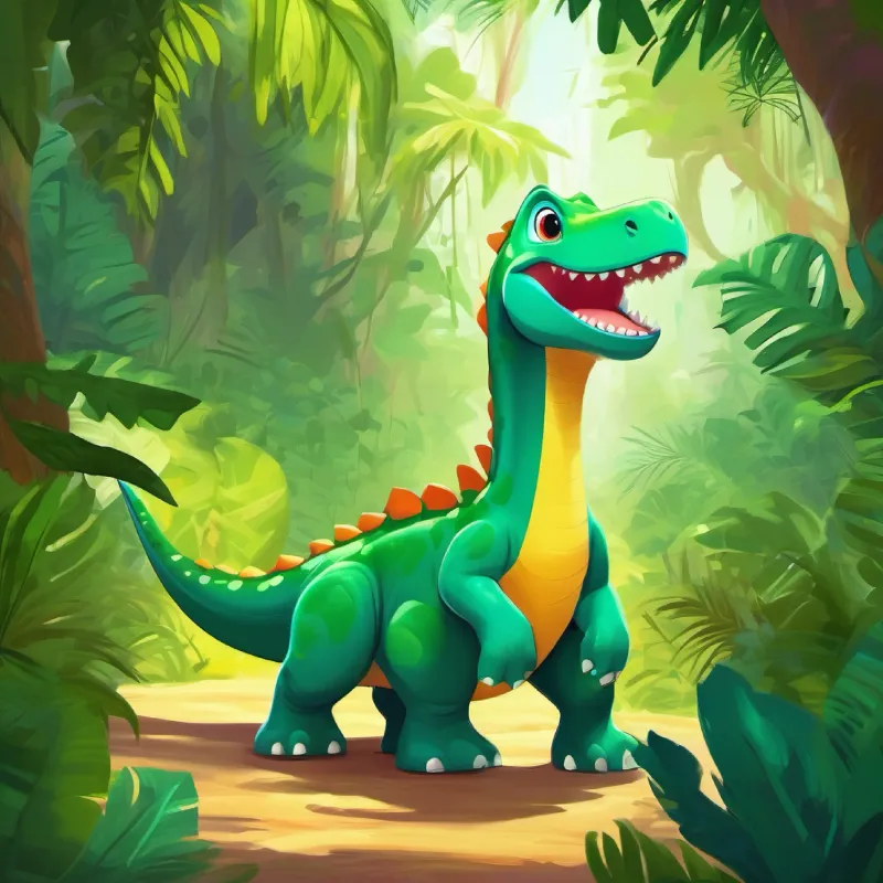 Bright jungle setting, intro of Green dinosaur with a big smile, loves to laugh the dinosaur playing.