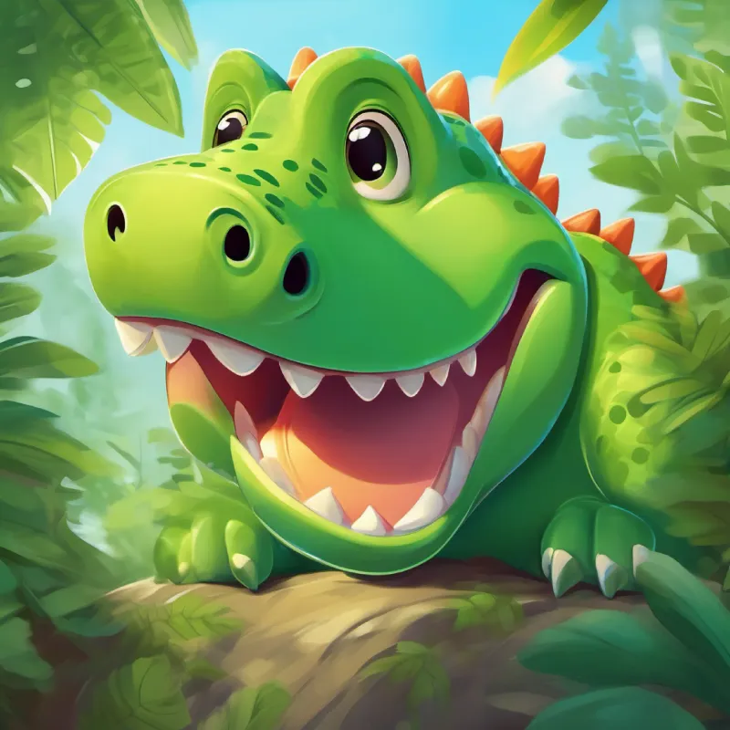 Green dinosaur with a big smile, loves to laugh smiling, thinking of hiding spots.