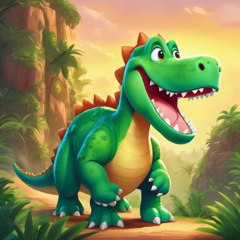 Green dinosaur with a big smile, loves to laugh giggling on his way to the waterfall.