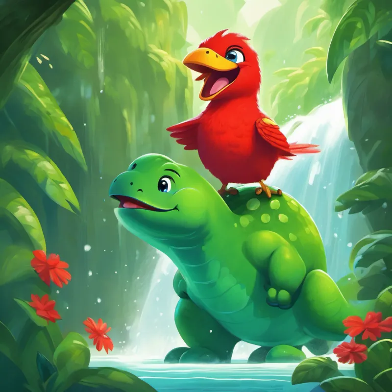 Friendly red bird who loves playing with Green dinosaur with a big smile, loves to laugh discovers Green dinosaur with a big smile, loves to laugh behind the waterfall.