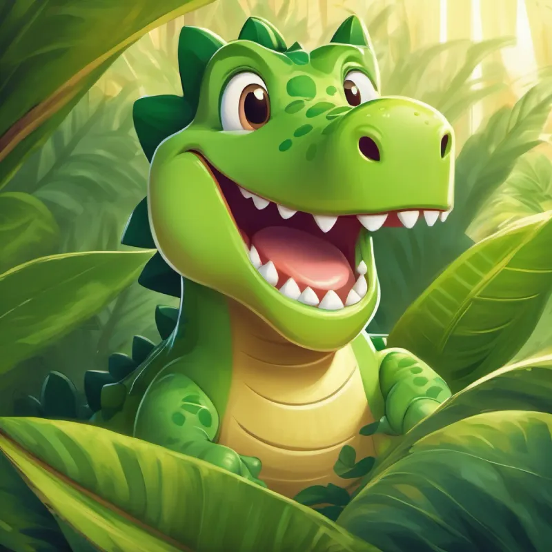 Green dinosaur with a big smile, loves to laugh hiding under a big leaf, trying not to laugh.