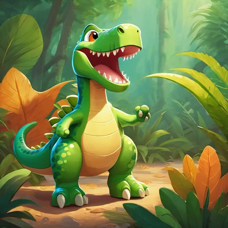 Leaf tickles Green dinosaur with a big smile, loves to laugh, friends gather laughing as he's discovered.