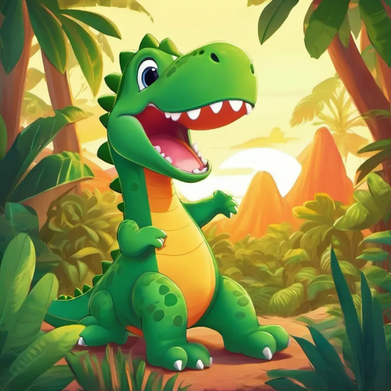 Sunset in the jungle, Green dinosaur with a big smile, loves to laugh yawning, happy with friends.