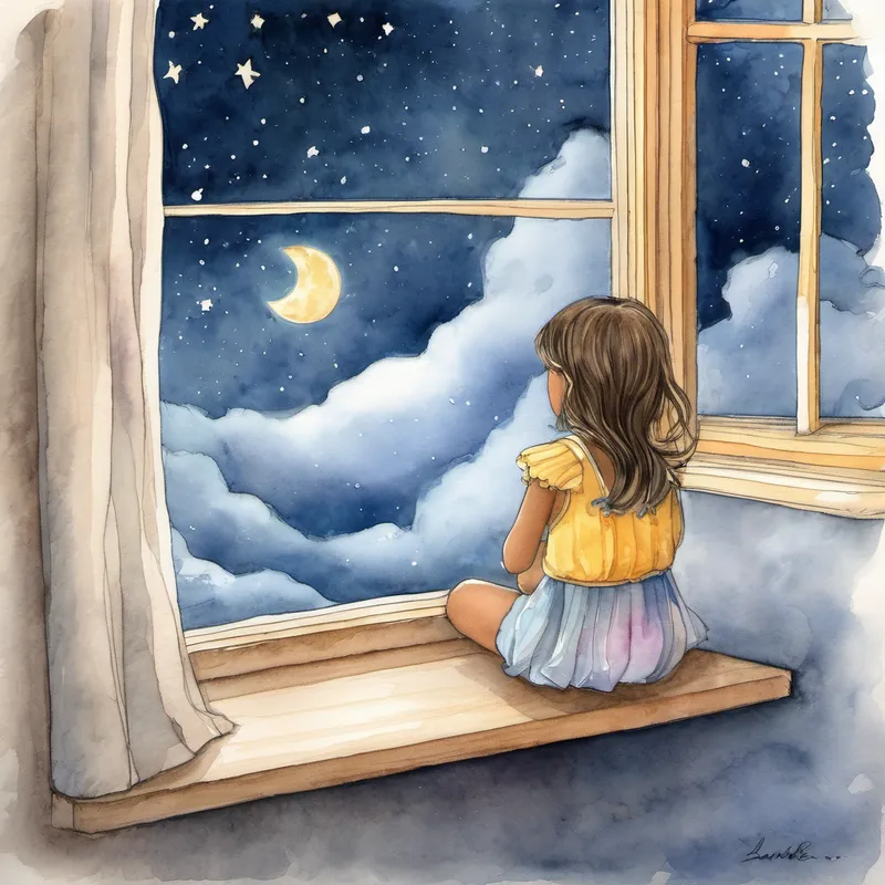 One night, Luna peeked through the fluffy clouds and spotted a little girl named Mia gazing up at the sky. Mia was feeling sad and lonely, unsure of herself and her abilities. Luna knew it was the perfect opportunity to visit her and sprinkle some moonbeam magic. As Luna glided softly towards Mia's bedroom, she transformed into a glowing, playful moonbeam, ready to bring her special touch of magic. Luna gently landed on Mia's windowsill, her shimmering light illuminating the room. Mia's eyes widened with wonder as she saw the mischievous moonbeam floating before her.