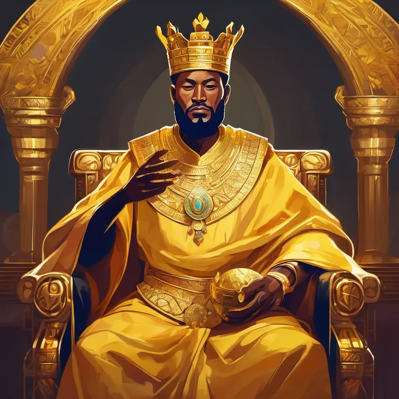 Emperor in golden robes with a crown, caring and generous, Emperor of Mali with golden treasures