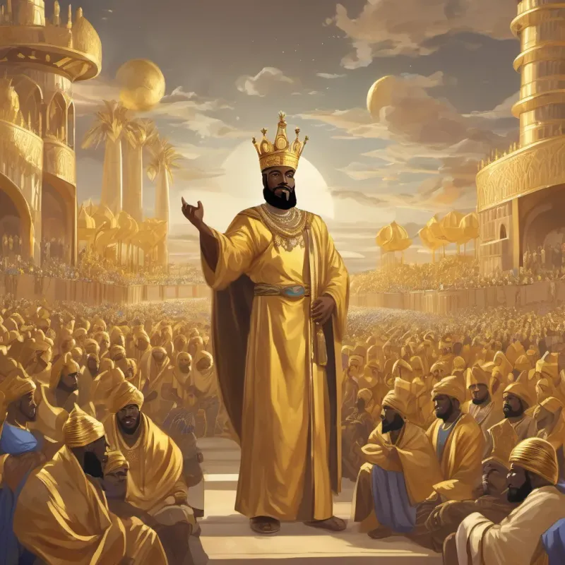 People in awe of Mansa Musa in golden robes with a crown, caring and generous's gold