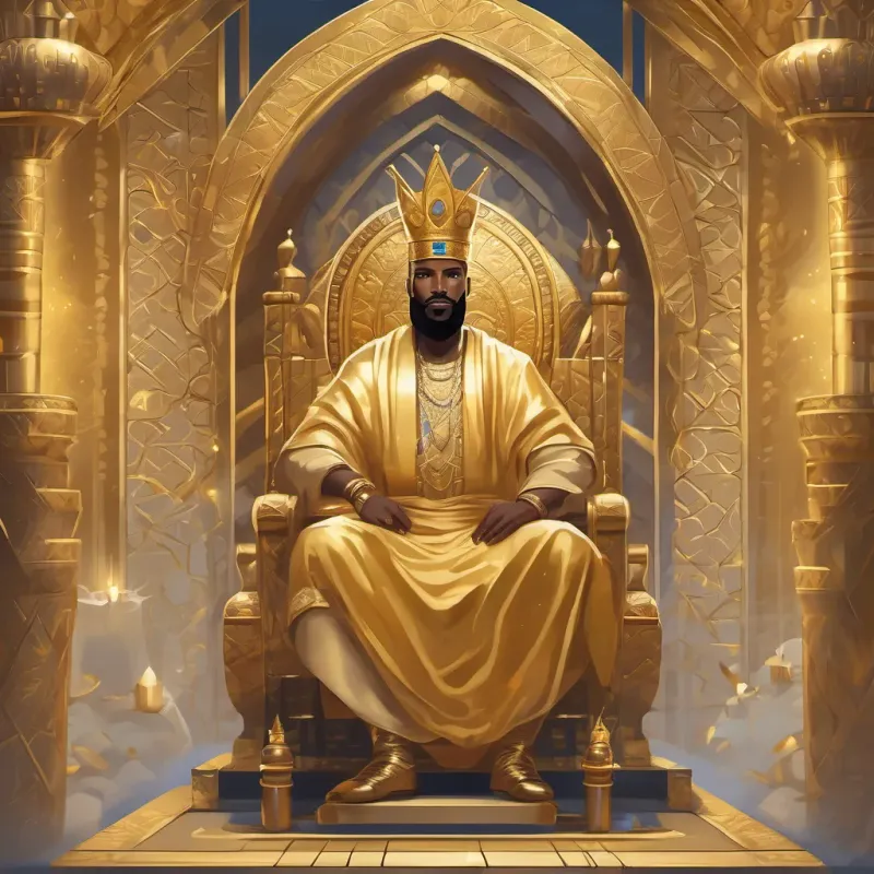 Mansa Musa in golden robes with a crown, caring and generous sitting on a throne surrounded by gold