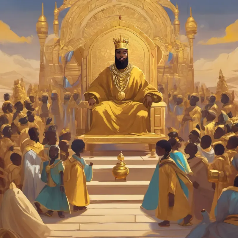 Mansa Musa in golden robes with a crown, caring and generous giving gifts to girlren
