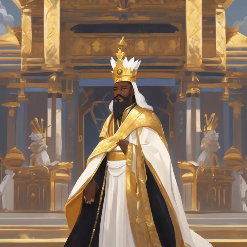 black skinned Emperor in golden robes with a crown, caring and generous dressed in white robes, on a journey