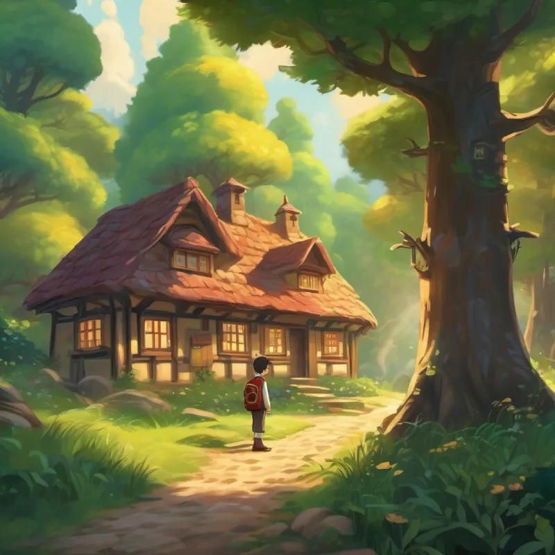 Introduction to Curious schoolboy with bright eyes and setting, in his village's magical woods