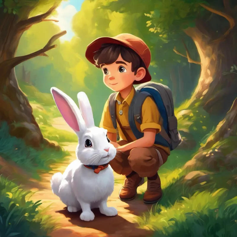 Curious schoolboy with bright eyes's preparation for adventure, hears a talking rabbit