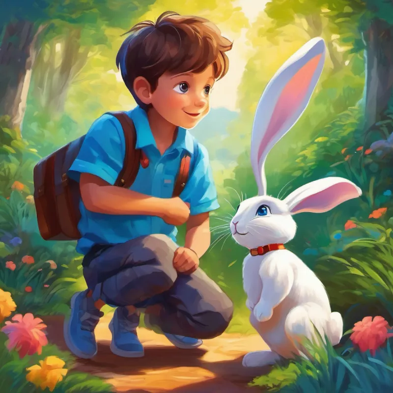 Curious schoolboy with bright eyes meets Energetic rabbit with bright blue eyes, the talking rabbit