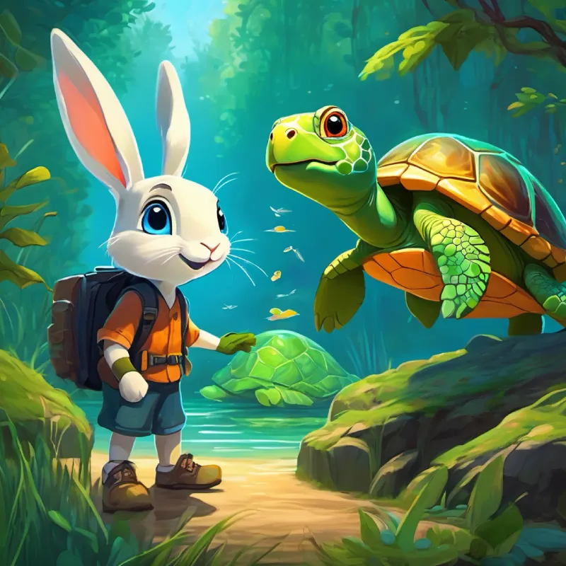Curious schoolboy with bright eyes and Energetic rabbit with bright blue eyes meet Wise turtle with green, mossy shell and kind eyes by the pond