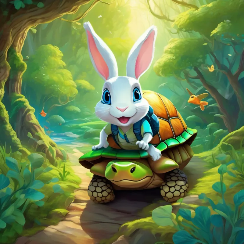 Curious schoolboy with bright eyes, Energetic rabbit with bright blue eyes, and Wise turtle with green, mossy shell and kind eyes journey to the Hidden Glade