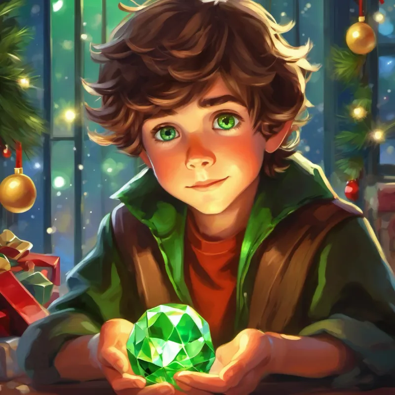 Young boy with brown tousled hair and curious green eyes uses the gem to make a wish.