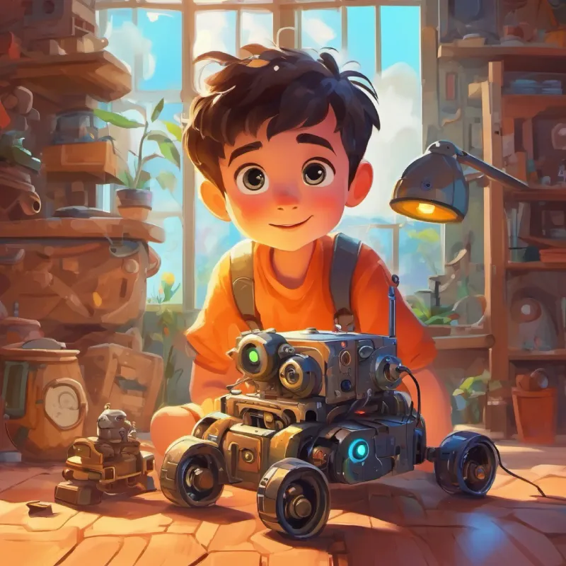 Bright-eyed boy, curious, loves gadgets, lonely collects parts and begins building the robot.