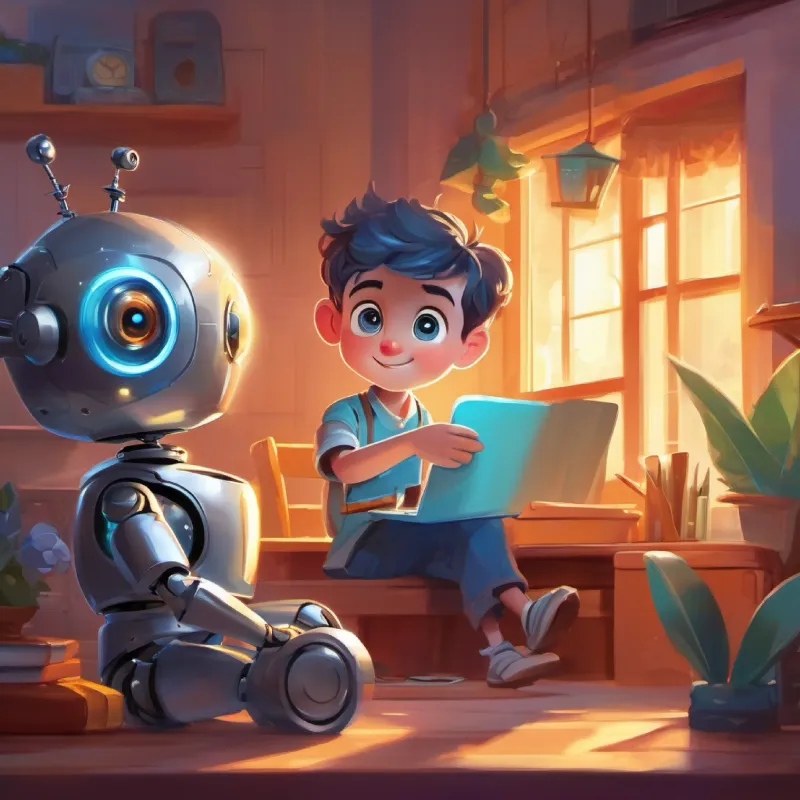 Bright-eyed boy, curious, loves gadgets, lonely completes Silver robot, tall as Jamie, shining eyes, friendly, who comes to life.