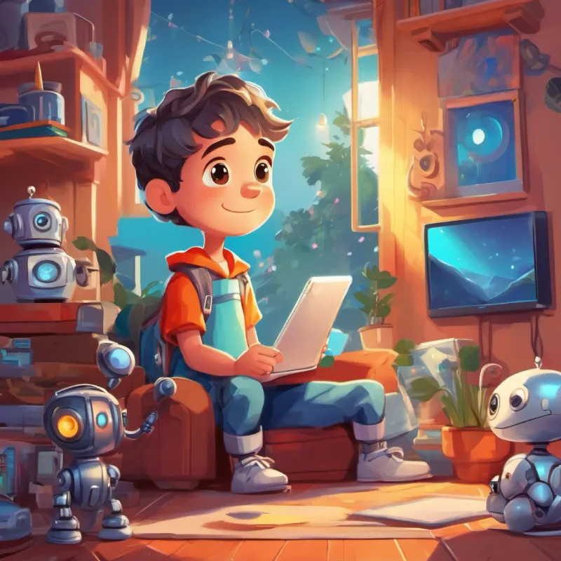 Bright-eyed boy, curious, loves gadgets, lonely and Silver robot, tall as Jamie, shining eyes, friendly share adventures and fun activities.