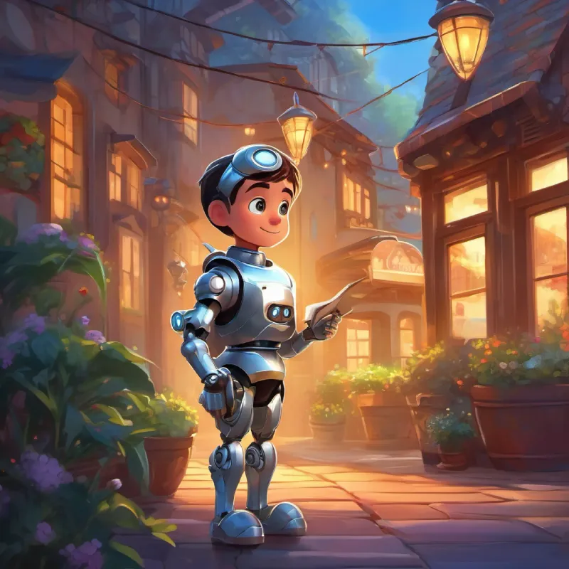 Bright-eyed boy, curious, loves gadgets, lonely learns the value of friendship with Silver robot, tall as Jamie, shining eyes, friendly's help.