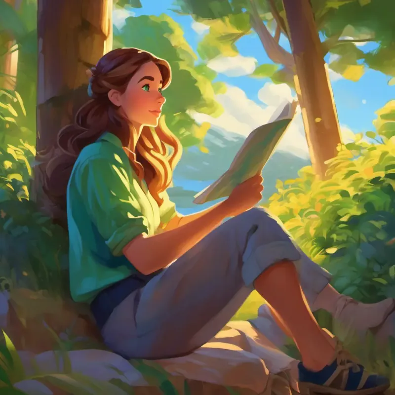 Thoughtful storyteller, fair skin, blue eyes, favoring cozy clothes writing stories; observing Radiant painter, tan skin, green eyes, wears colorful outfits