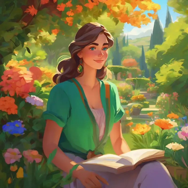 Thoughtful storyteller, fair skin, blue eyes, favoring cozy clothes and Radiant painter, tan skin, green eyes, wears colorful outfits discover a vibrant garden