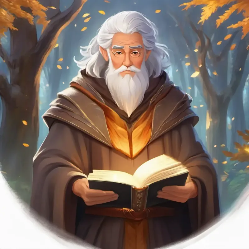 Introduction of Wise elder, silver hair, brown eyes, cloak of woven tales; magical book